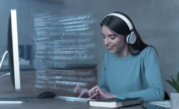 programming background with person working with codes computer