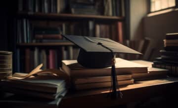 graduation cap sits top stack books
