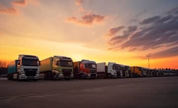 many transport trucks parked service station sunset ai generative