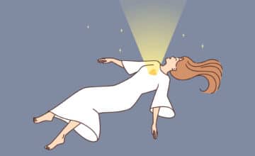 woman flying in sky with heart open for enlightenment soul leaving human body concept of physical embodiment and eternal life illustration vector