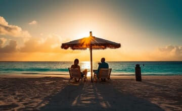 smiling couple enjoys sunset tropical beach generated by ai