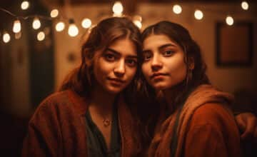 two women sit together dark room one them is wearing red sweater other is wearing brown sweater