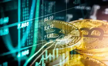 Abstract cryptocurrency with gold bitcoin background